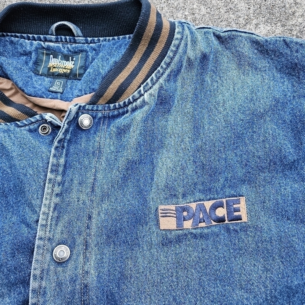VTG 90s Dunbrooke Pace Denim Varsity Bomber Trucker Jacket Blue Tan Mens Size XL - Picture 8 of 16